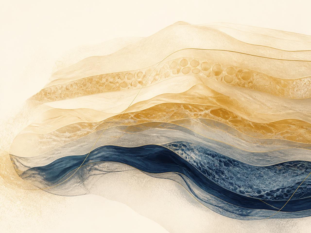 Composição abstrata de camadas e tecidos em tons creme, dourado e azul profundo