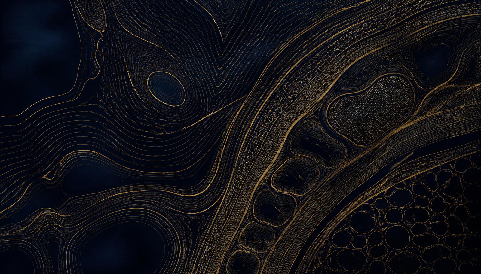 Ilustração técnica abstrata de linhas douradas sobre fundo azul profundo, representando tecidos e anatomia